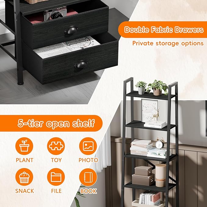 Furologee 5-Tier Ladder Shelf with 2 Drawers,Narrow Bookshelf Storage Shelves,Industrial Bookcase Freestanding Rack Units for Bedroom,Living Room,Bathroom,Home Office,Balcony,Wood Metal, Black Oak