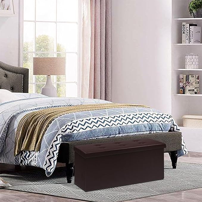 30 Inches Folding Storage Ottoman Bench, Faux Leather Footrest Ottoman, Storage Trunk Footrest for Bedroom, Living Room and Hallway, Support 350lbs, Brown Brown line