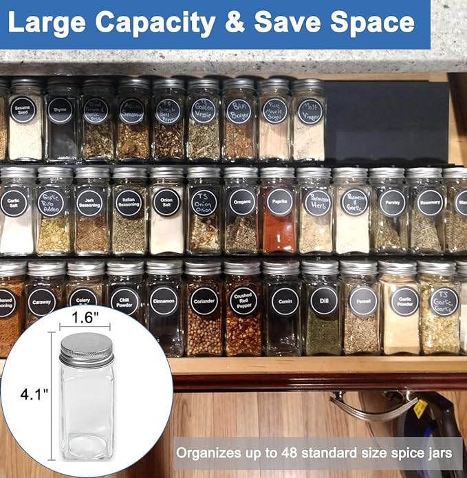 Expandable Spice Drawer Rack Organizer Insert for Kitchen Cabinet - Multi Tier Adjustable Spice Storage Shelf for Seasoning and Jar, Pack of 12-NeatNest