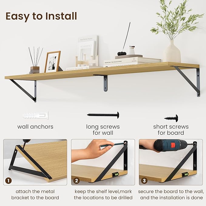 Fun Memories Deep Floating Shelves for Wall, 55W x 8D Wall Mounted Shelves Set of 2, Wide Display Ledge Shelf with Sturdy Metal Brackets for Living Room, Bathroom, Bedroom and Kitchen, Oak-NeatNest