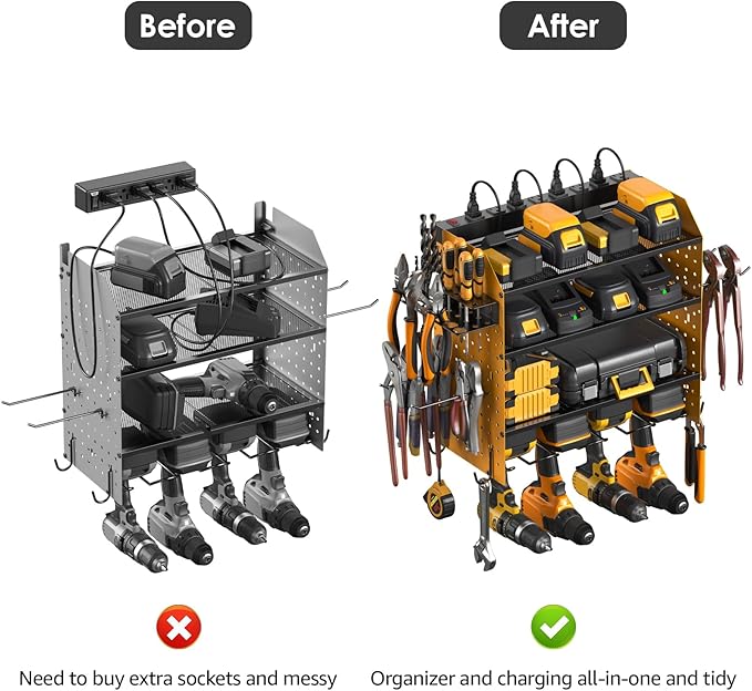 CCCEI Modular Pegboard Rack Power Tool Organizer with Charging Station. 4 Layer Wall Mount Drill Holder, Yellow Tool Battery Charger Organizer. Garage Shop Storage Utility Shelf with Power Strip.-NeatNest