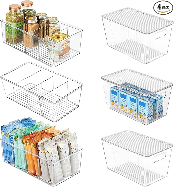 6 Pack Clear Plastic Storage Bins Snack Organizers with Lids Handle for Home Organization Kitchen Cabinet Fridge Laundry Room Office Closet Garage Freezer-NeatNest