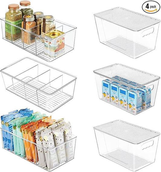 6 Pack Clear Plastic Storage Bins Snack Organizers with Lids Handle for Home Organization Kitchen Cabinet Fridge Laundry Room Office Closet Garage Freezer-NeatNest