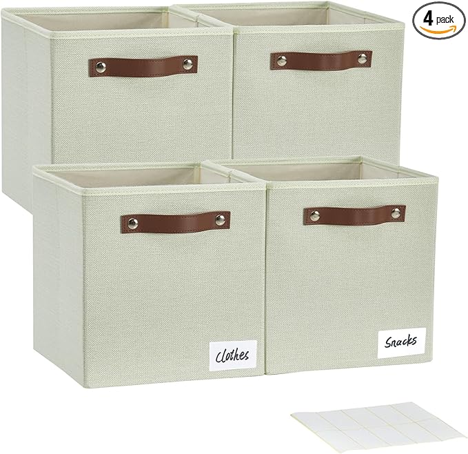 Collapsible Fabric Storage Cube Bins with 2 Reinforced PU Handles, Foldable Storage Organizer Baskets for Closet, Shelves, Living Room | 11"x11"x11", 4 Pack, Sage Green-NeatNest
