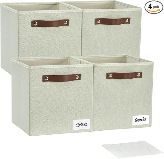 Collapsible Fabric Storage Cube Bins with 2 Reinforced PU Handles, Foldable Storage Organizer Baskets for Closet, Shelves, Living Room | 11"x11"x11", 4 Pack, Sage Green-NeatNest