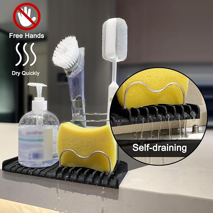 Gosmol Silicone Sponge Holder Rack Dish Soap Holder for Kitchen Counter, Waterproof Sponge Soap Tray for Kitchen Sink Bathroom, Multipurpose Sink Caddy Organizer for Soap Dispenser Black-NeatNest