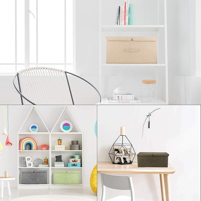 2 Pack Large Storage Boxes with Lids and Handles, Collapsible Linen Storage Bins Organizer Containers Baskets Cube with Removable Divider for Home Bedroom Closet Office (Cream, Small)-NeatNest
