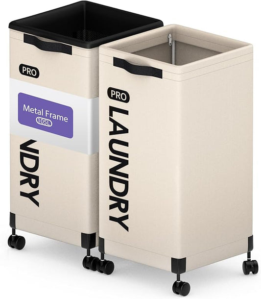 Caroeas Next-Gen 105L Matel Frame Laundry Basket with wheels, Heavy Duty Tall Rolling Laundry Hamper with Removable Wash Bag, Collapsible Freestanding Clothes Hamper (100L,Beige,2Pack)