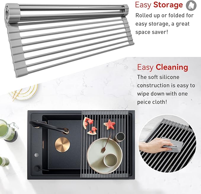 MERRYBOX Roll Up Dish Drying Rack, Silicone Wrapped Over The Sink Dish Rack Foldable Dish Drainer Anti-Slip Dish Racks for Kitchen Counter, Multipurpose Kitchen Sink Drying Rack, 18" x 13", Light Gray
