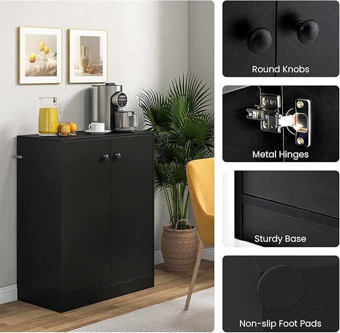Giantex 2 Door Storage Base Cabinet - Freestanding Floor Cabinet with 3-Tier Shelf, Non-Slip Foot Pads, Kitchen Cupboard Storage Organizer for Living Room, Hallway, Entryway, Office (Black)