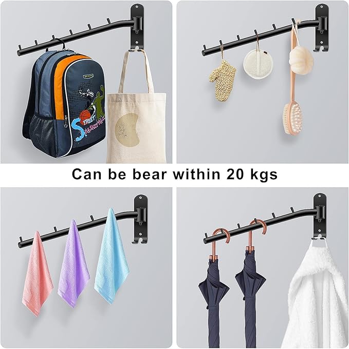 2-Pack Wall Mounted Folding Clothes Hanger Rack, Stainless Steel Clothes Hooks with Swing Arm Holder Space Saving Clothing Hanging System Closet Storage Organizer Heavy Duty Drying Rack (Black)