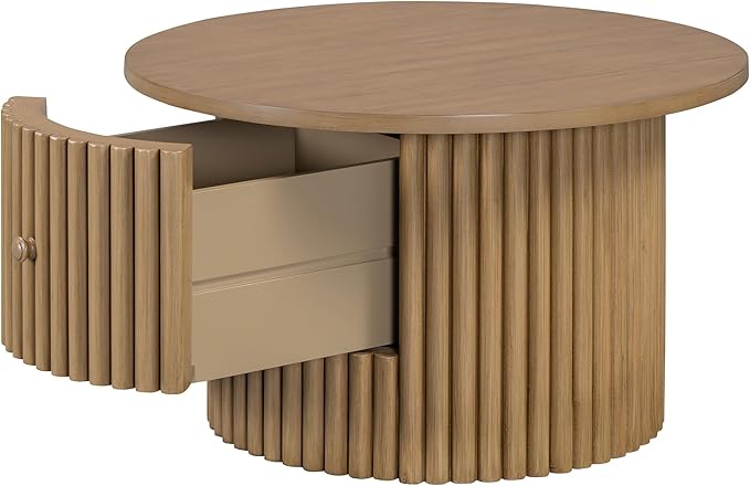 30.5" Round Storage Coffee Table, Rustic Circle Coffe Table for Living Room, Fluted Accent Wood Center Tables Farmhouse, Tea Table with Drawer for Apartment Small Space - Oak