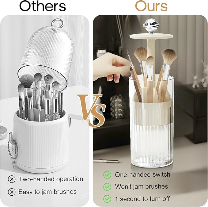 Makeup Brush Holder [Upgrade] with One Touch Open,Makeup Organizer Countertop with Dustproof Lid,Clear Makeup Organizers for Vanity, Desktop, Bathroom (White)-NeatNest