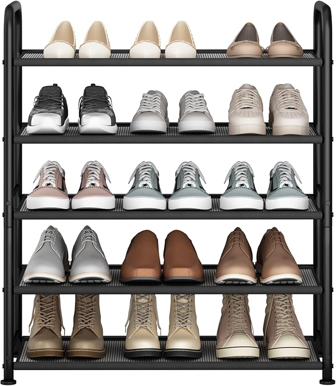 STO STO 5-Tier Shoe Rack with Sturdy Mesh Shelves, Heavy Duty Metal Shoe Organizer for Entryway, Closet, Garage, Front Door, Holds 15 Pairs, Free Standing Shoe Storage Shelf, Adjustable Feet, Black-NeatNest
