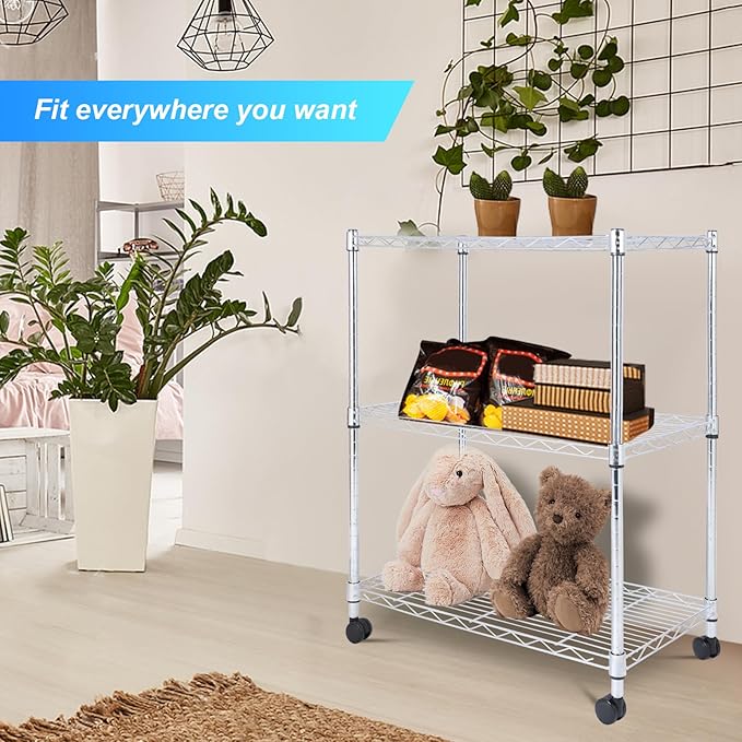 Whitmor 3 Tier Storage Shelves, Heavy Duty with Wheels, 400 lbs Capacity per Shelf, Max 1200 lbs Total, Adjustable Shelving Unit for Garage, Kitchen, Bathroom, 24" L x 14" W x 30.5" H, Chrome-NeatNest