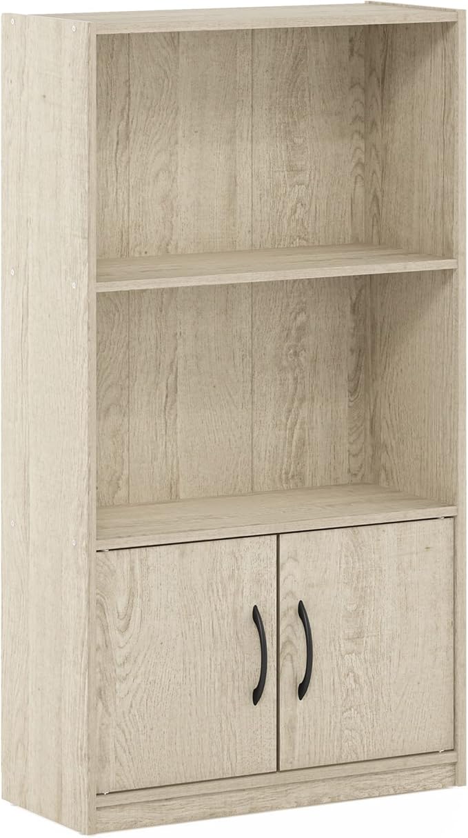 Furinno Gruen 3-Tier Open Shelf Bookcase with 2 Doors Storage Cabinet, Metropolitan Pine