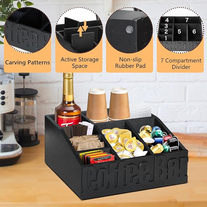 Coffee Bar Organizer for Accessories, Wood Station for Countertop, Farmhouse Pod Syrup Holder, Condiment Organizer for Decor (Black)-NeatNest