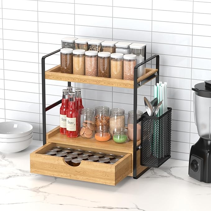 LEMIKKLE 2-Tier Bathroom Organizer with Drawers and Baskets, Multi-Purpose Makeup Organizer Countertop, Large Skincare Organizers, Exquisite Vanity Organizer,Wood-NeatNest