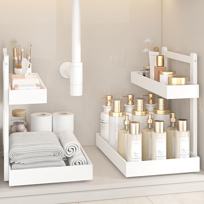 Under Sink Organizer - 1-Tier Pull Out Cabinet Organizer Vertical Slide Out Sink Shelf Storage Shelves for Multi-Purpose Bath Kitchen Bathroom Medicine (White, 2 Packs)-NeatNest