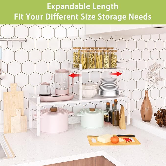Expandable Cabinet Shelf Organizer Rack, Stackable Kitchen Counter Storage Shelves Stand, Adjustable Height Pantry Shelf Spice Rack (White, 1 Pack)-NeatNest