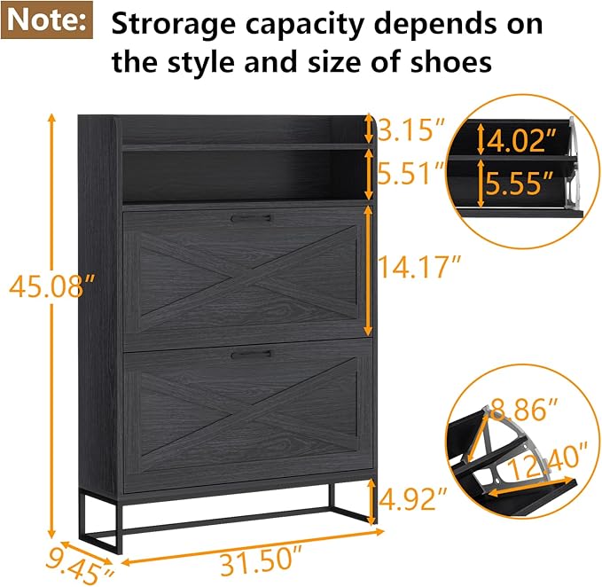 Shoe Cabinet, Freestanding Tipping Bucket Shoe Storage Cabinet with 2 Flip Drawers, Entryway Shoe Rack with Storage Top Cubby, Narrow Slim Hidden Shoe Organizer with Doors (Black)-NeatNest