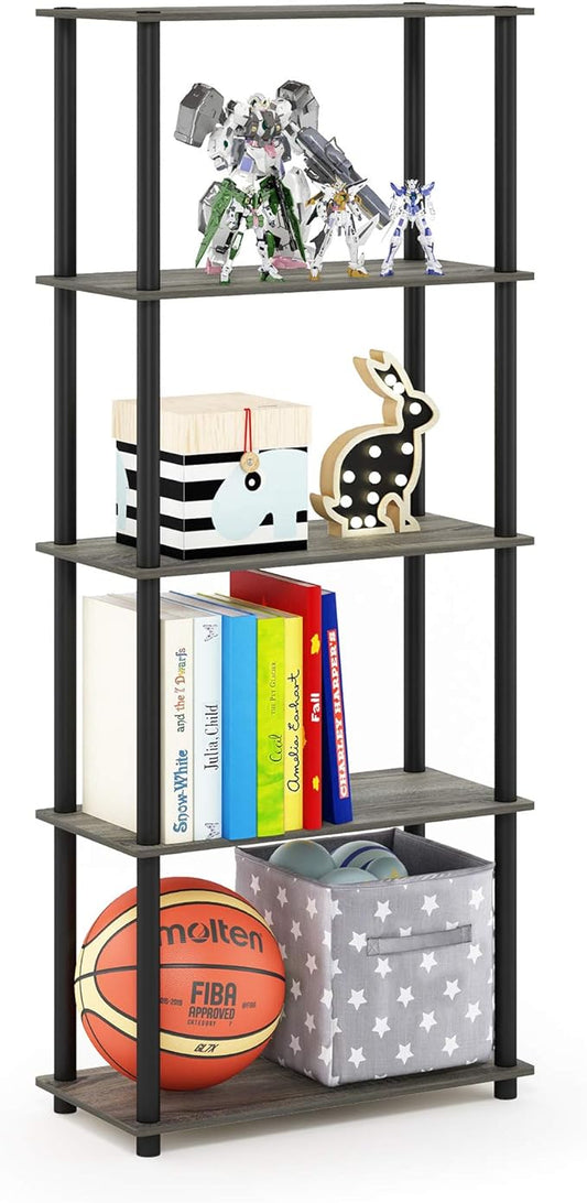 Furinno Turn-N-Tube 5-Tier Multipurpose Shelf / Display Rack / Storage Shelf / Bookshelf, Round Tubes, French Oak Grey/Black-NeatNest