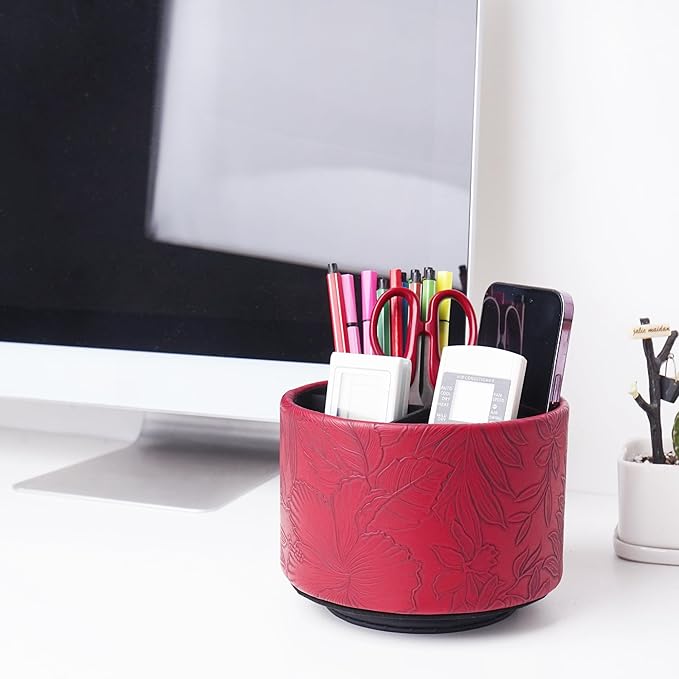 Hennaja Round Leather Art Supply Organizer,Remote Control Holder,360 Degree Spinning,Multi-Functional Pencil Holder,4 Compartments Desktop Stationary Organizer(1-Carved Red)-NeatNest
