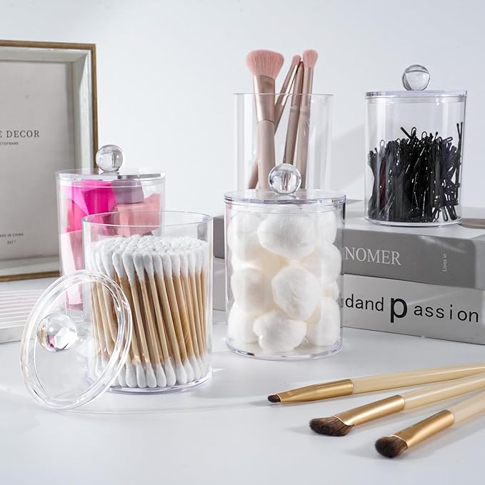 2 PACK Qtip Holder-10 oz, 12 oz, Qtip Holder Dispenser for Bathroom Canister Storage Organization, Vanity Makeup Organizer, for Cotton Swabs, Balls, Pads, Floss Picks(Clear)