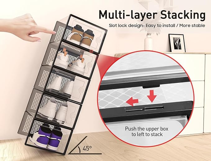 Kuject X-Large Shoe Storage Boxes Organizers Clear Plastic Stackable 12 Pack, Shoe Rack & Holder Substitute, Sneaker Containers, Toy Storage Organizer Bins for Entryway, Closet, Under Bed, Black-NeatNest