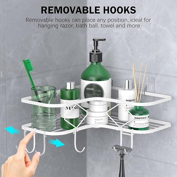 Kadolina Large Corner Shower Caddy Shelf, 2 Pack Adhesive Bathroom Shower Organizer Shelves, No Drilling Rustproof Wall Mounted Shower Storage Basket Shampoo Holder Organizer (White)