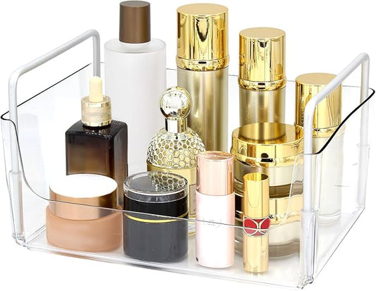 Clear Makeup Organizer Tray with Handles Bathroom & Vanity Storage for Cosmetics, Skincare - Countertop Organizer Kitchen Cabinet Storage Tray-NeatNest
