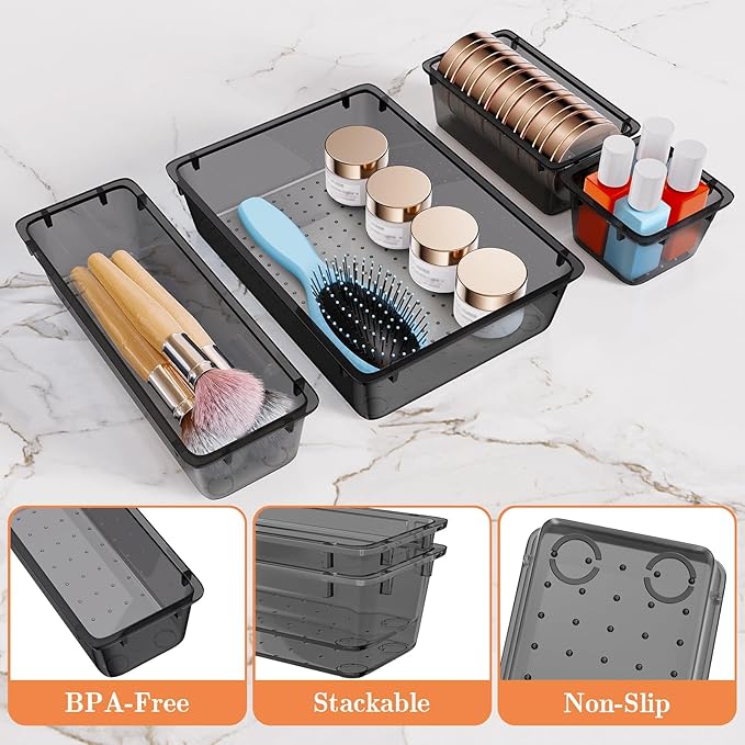 25 PCS Plastic Drawer Organizer Set, 4-Size Versatile Organizer Trays & storage Bins for Makeup, Jewelry, and Gadgets in Bathroom, Bedroom and Office,Clear Black-NeatNest