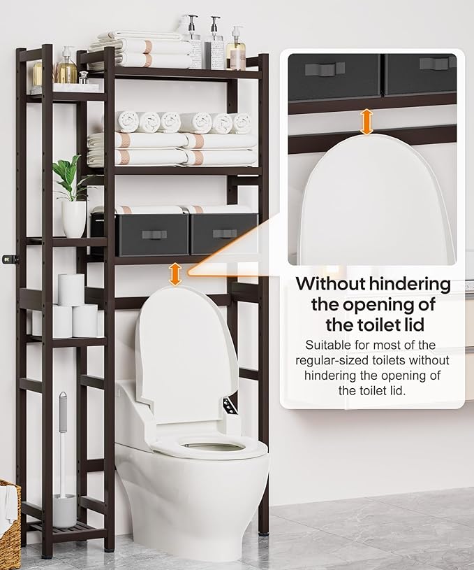 Homde Over The Toilet Storage with Basket and Drawer, Bamboo Bathroom Organizer with Adjustable Shelf & Waterproof Feet Pad, Space Saver Rack for Restroom, Laundry, Brown-NeatNest