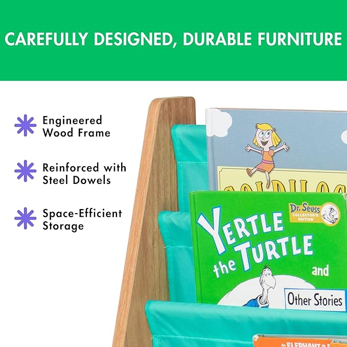 Humble Crew 4-Tier Kids Bookshelf, Natural Wood/Seafoam Green - Premium Book Shelf for Kids Rooms with Four Deep Pockets - Toddler Sling Book Rack with Deep Sleeves, Nursery Bookcase Organizer