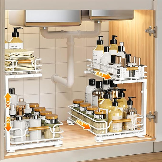 JYPS 2 Pack Under Sink Organizer, 2 Tier Pull Out Under Kitchen Bathroom Sink Organizer and Storage, Metal Sliding Drawer for Cabinet Pantry Undersink Organizers Shelf-NeatNest