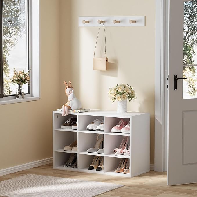 Garden 4 you Shoe Storage Bench, Cubby Shoe Rack with 9 Cubbies, 3-Tier Wood Shoe Rack Organizer, Shoe Organizer Cabinet for Entryway, Hallway, Closet and Garage, White-NeatNest