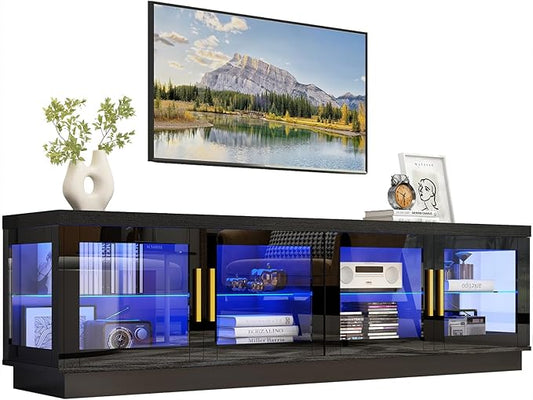71IN LED TV Stand for 85/80/75inch TV,High Glossy Modern Black TV Stands for Living Room,Gaming Entertainment Center with Storage Cabinet,RGB LED(Black)-NeatNest