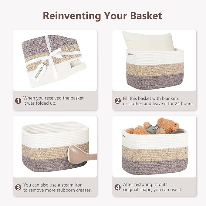 Cotton Rope Basket , Storage Baskets with Handle, 15x10x9 Inch Woven Basket for Shelves, Laundry, Towels, Clothes, Books, Toys (White Brown 1 Pack)-NeatNest