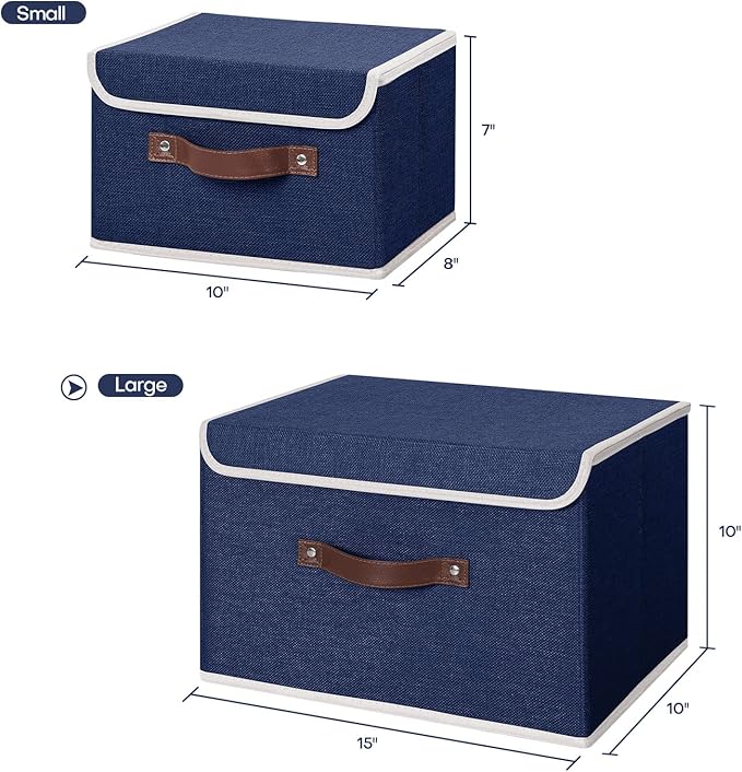 ANMINY 2PCS Storage Bins with Lid PU Leather Handles Storage Boxes PP Plastic Board Decorative Foldable Lidded Cotton Linen Fabric Home Cubes Baskets Closet Organizer Containers - Blue, Large Size-NeatNest