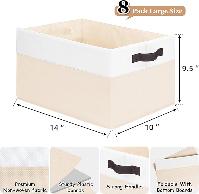 Criusia 8 Pack Large Storage Basket, Fabric Blanket Basket Living Room, Toy Organizers and Storage with Handles for Kids, Laundry Basket for Clothes Towel, Yarn and Craft Storage Bins (14L*10W*9.5H)-NeatNest