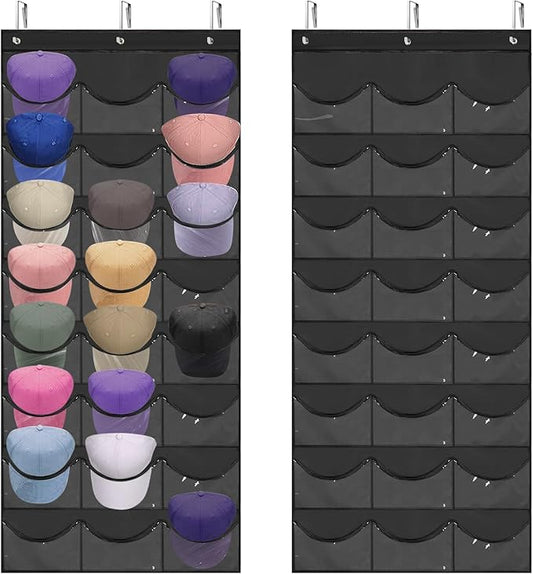 Hat Rack for Baseball Caps, 24 Pocket Over the Door Hat Organizer with 3 Hooks, Hat Holder for Door with Large Clear Pockets, Hat Storage to Protect and Display, Black - 1 Pack-NeatNest