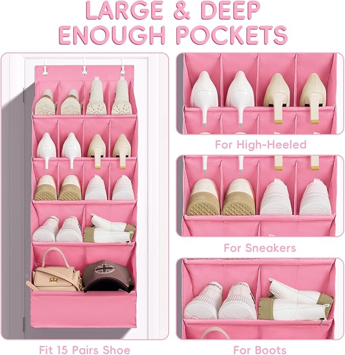 FENTEC 1 Pack Over-the-Door-Shoe-Organizers, Hanging Shoe Organizers with Large Pocket Shoe Holder Hanging Shoe Rack for Closet Shoe Organizer for Wall, Over Door Organizer with 15 Pockets Pink-NeatNest