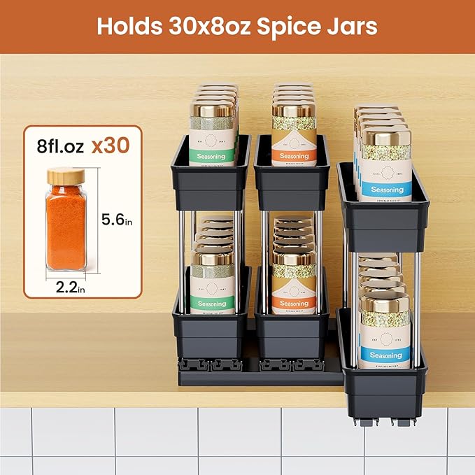 3 Packs Pull Out Spice Rack Organizer for Cabinet, Vertical Spice Rack Pull Out, Heavy Duty Slide Out Seasoning Organizer, 2.3''Wx10.35''Dx8.26''H, 3 Drawers 2 Tiers(Black)