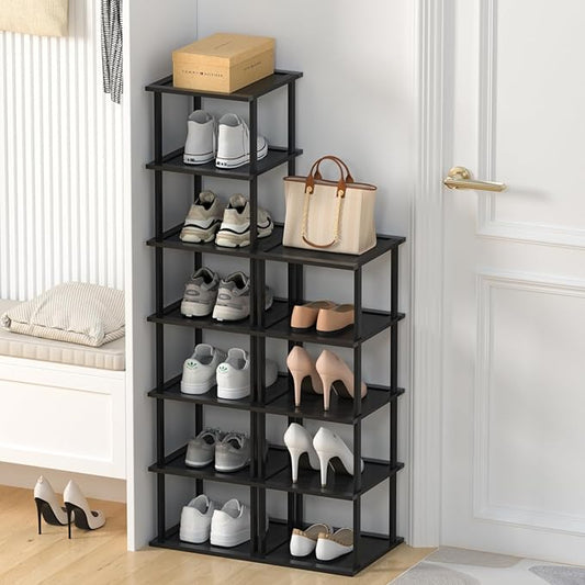 Bamboo Free Standing Shoe Rack Shelf Multi Tier Tall Wooden Stackable Shoes Rack Organizer for Closet Front Door Entrance Narrow Vertical Shoe Storage Rack for Corner Stand (Black, 12 Tiers)-NeatNest