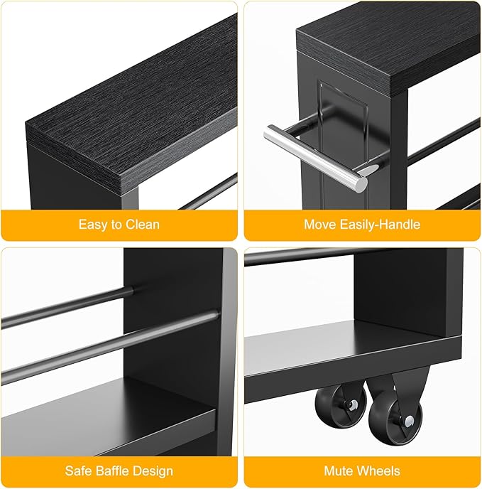 KLM Rolling Storage Cart 4-Tier Black Kitchen Cart with Wheels, Slim Storage Cart with Handle Slide Out Utility Cart Shelving Unit Organizer Trolley for Laundry Narrow Places Bathroom Small Corner