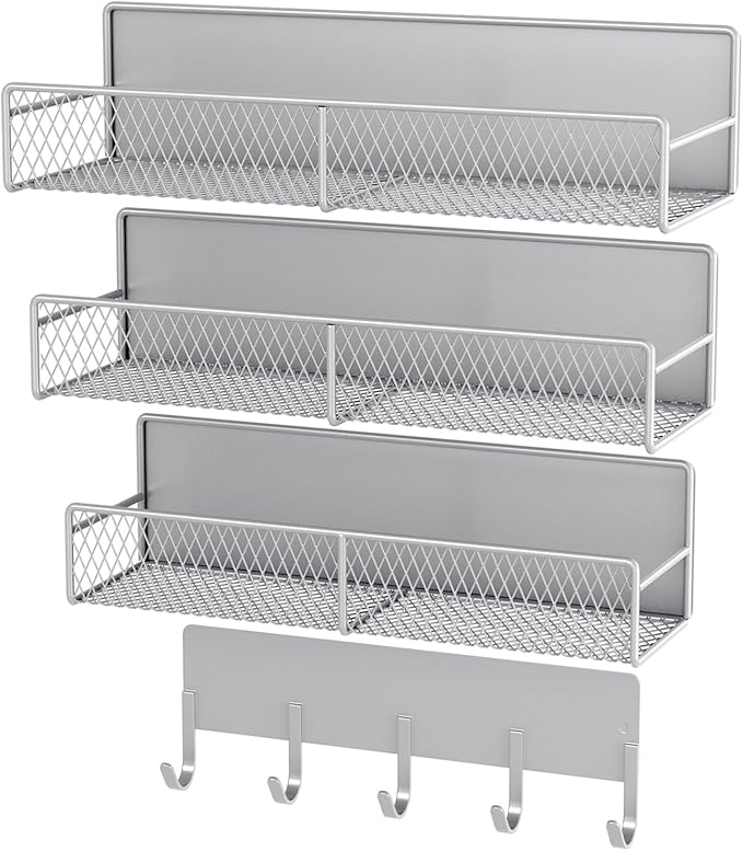 4 Pack Magnetic Shelves for Washing Machine, Heavy-Duty Magnetic Laundry Organizer with Hooks, Washing Machine Shelf for Refrigerator, Metal Storage Baskets, Closet & Laundry Room Organization (Grey)