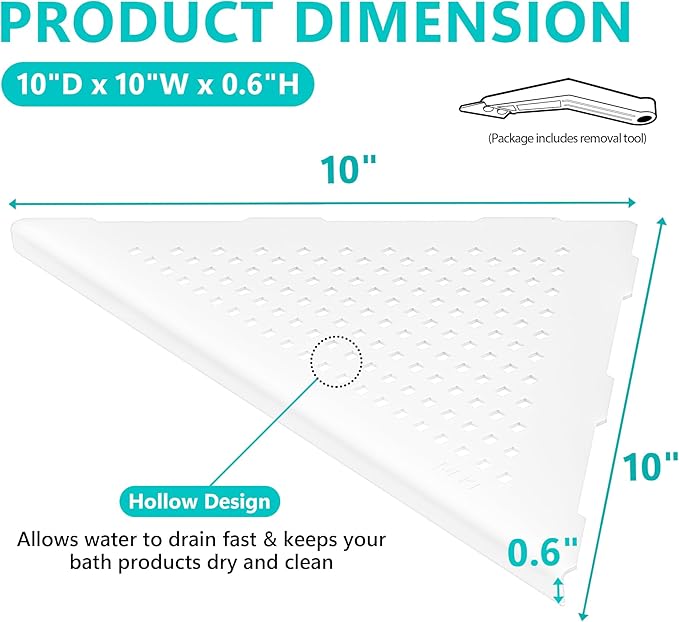 Bathroom Corner Shelf, Recessed 10" Shower Shelf Caddy, SUS304 Stainless Steel Shelf Wall Mount Triangular, No Drilling, Matte White