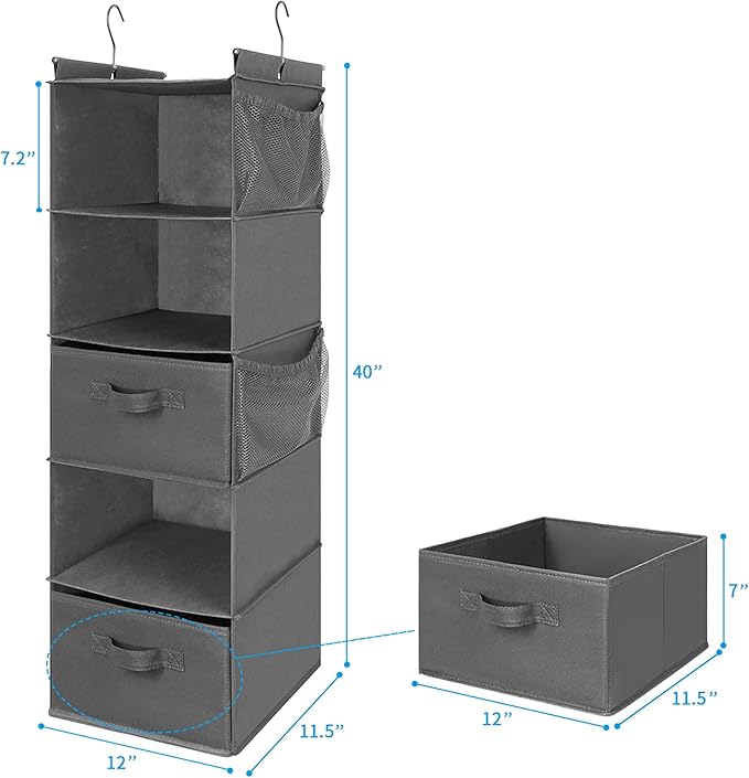 MAX Houser 5 Tier Shelf Hanging Closet Organizer, Cloth Hanging Shelf with 2 Sturdy Hooks for Storage, Foldable (Grey-D2)-NeatNest