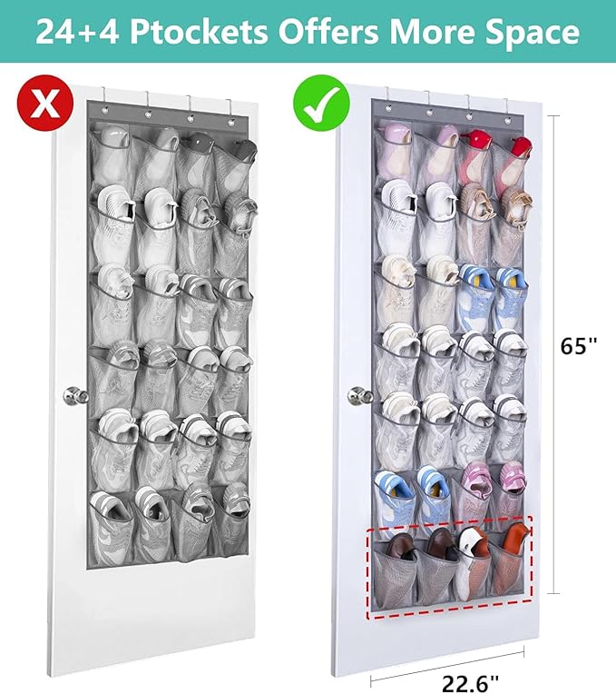 MISSLO 28 Large Pockets Hanging Shoe Rack Door Shoe Organizer Hanging Shoe Storage Hanger for Closet Mesh Holder, Grey-NeatNest