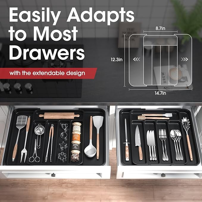Aujen Silverware Organizer - Expandable Kitchen Drawer Organizer, Adjustable Utensil Organizer, Cutlery Tray for Forks, Knives, Multipurpose Kitchen Organizers and Storage Solution, Black, Medium-NeatNest